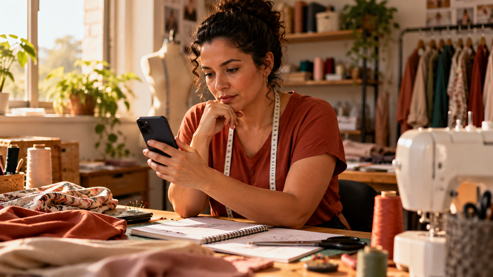 microempreendedora analisa opções de crédito para MEI no celular em seu ateliê