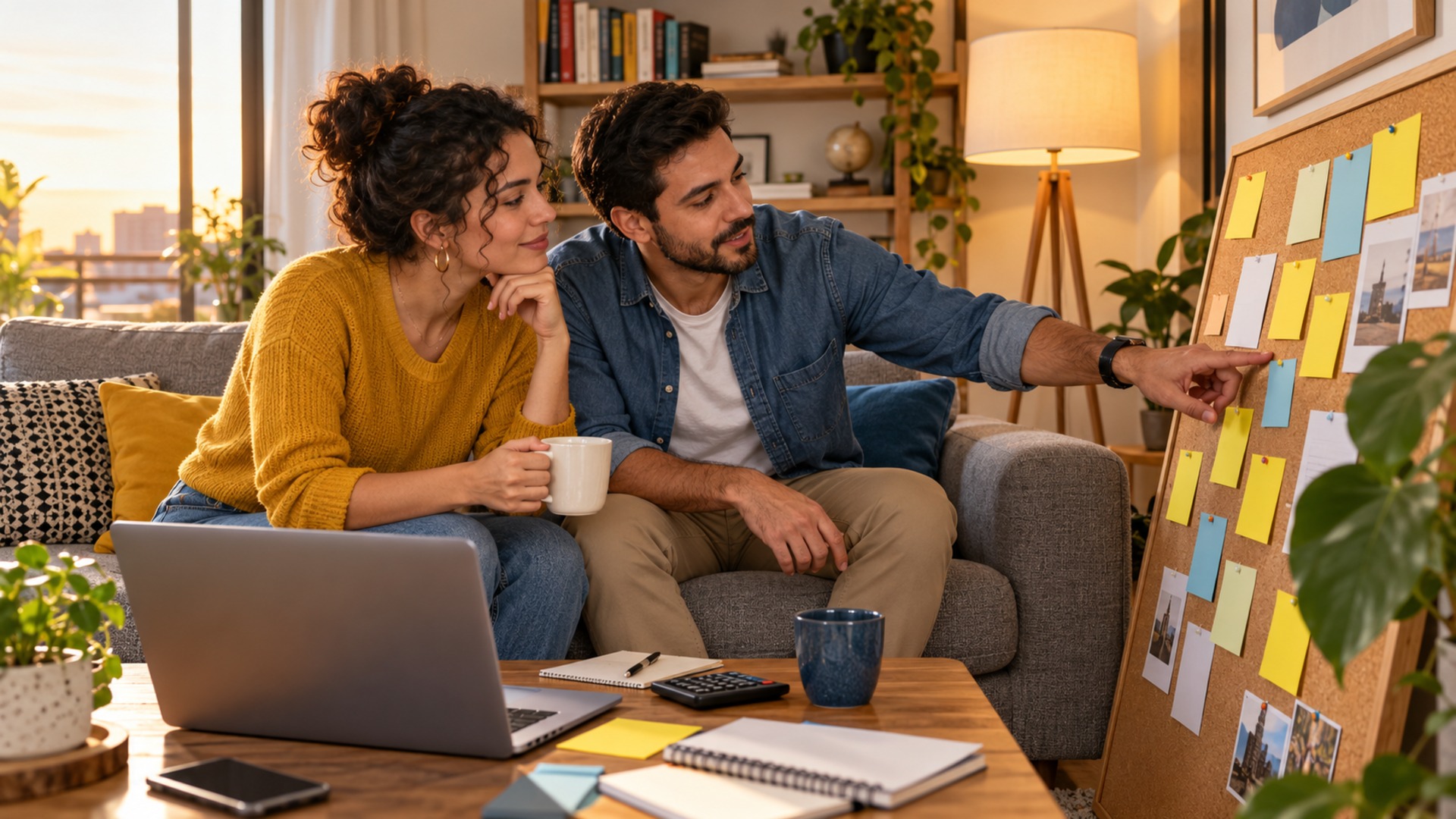 Casal comparando ideias de negócios para abrir com post-its na sala de casa