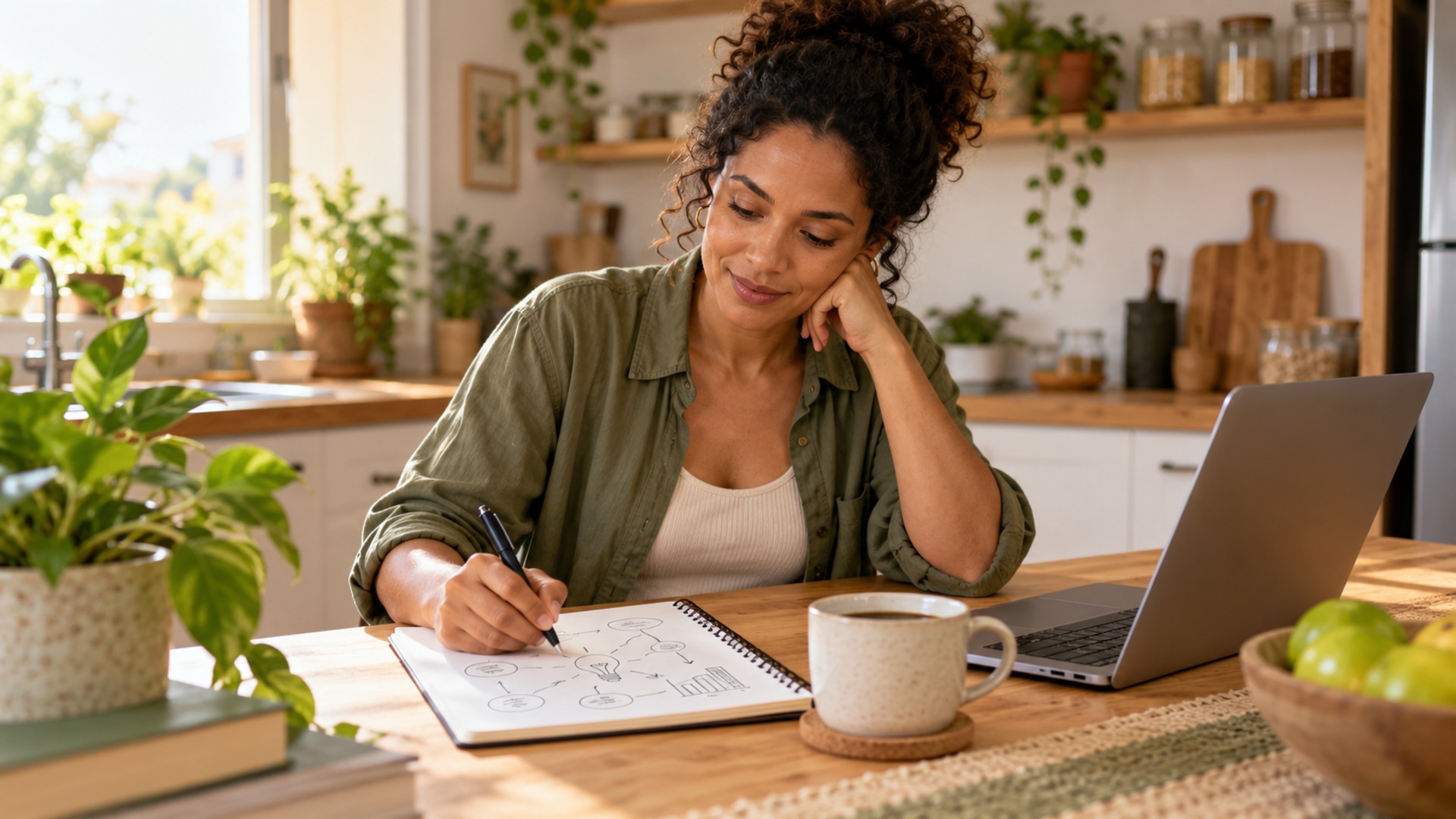 Empreendedora anotando ideias de negócios baratos em caderno na cozinha de casa