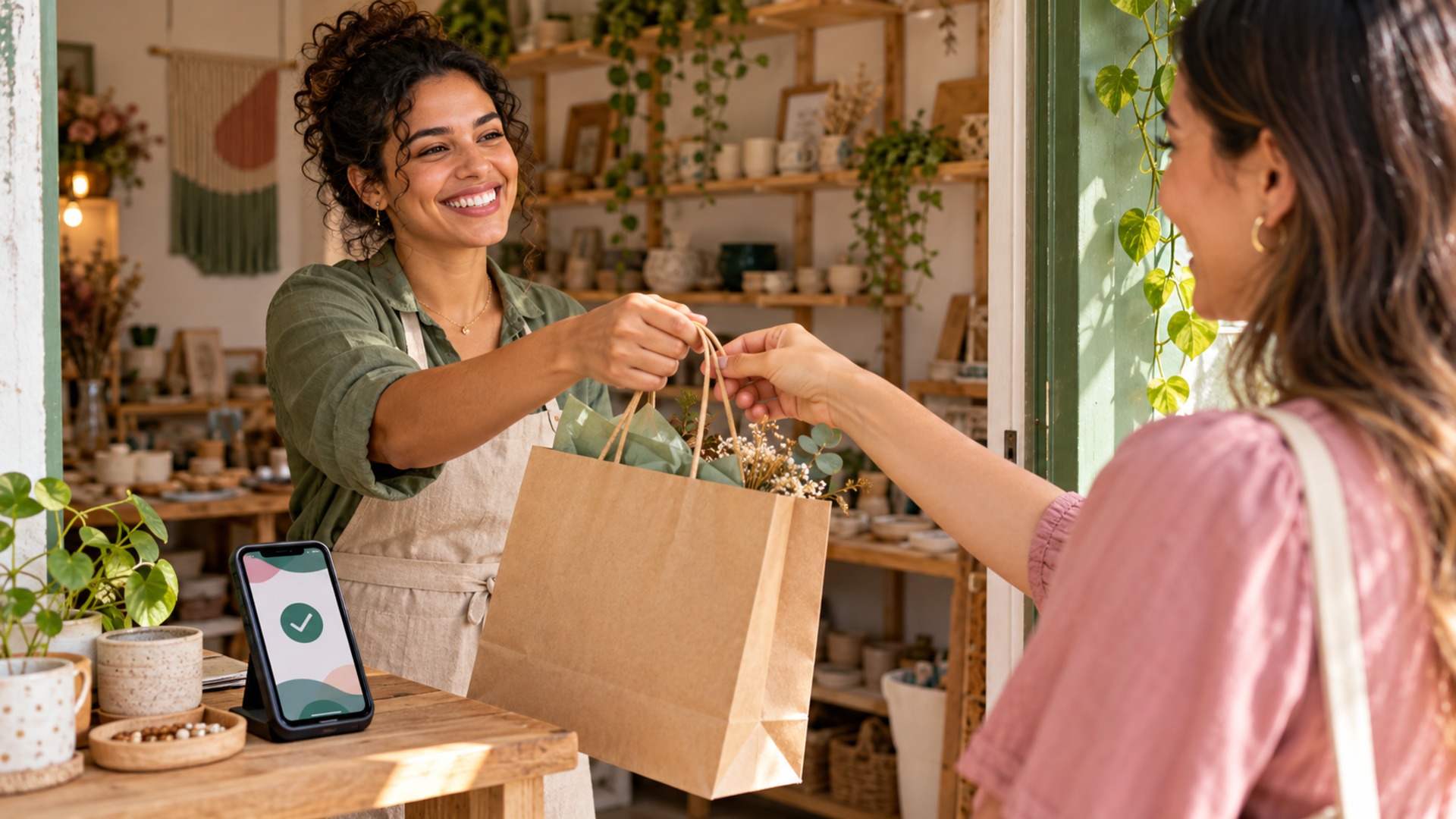Empreendedora realizando a primeira venda de seu pequeno negócio próprio