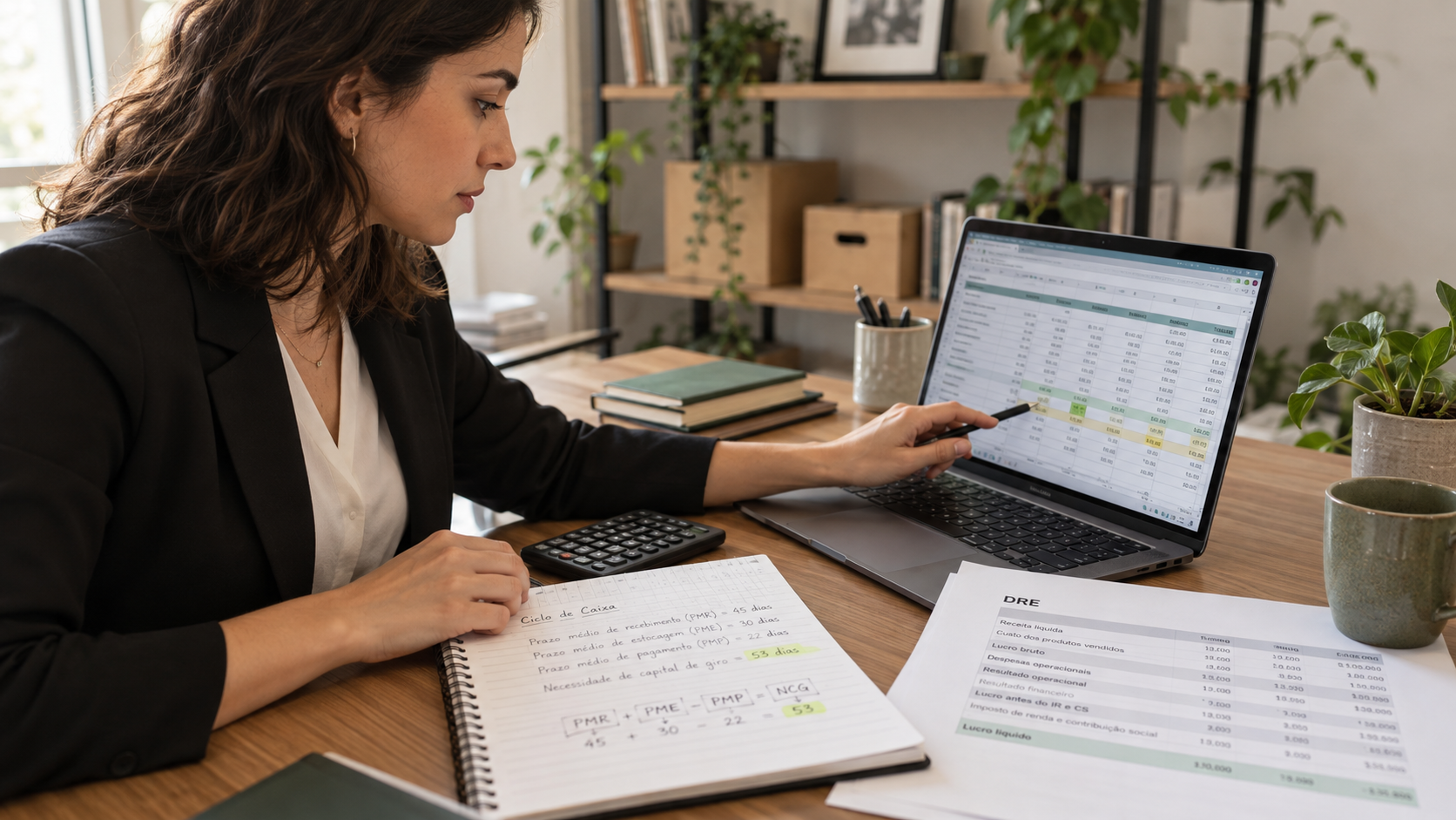 empresária calculando necessidade de capital de giro com planilha e DRE
