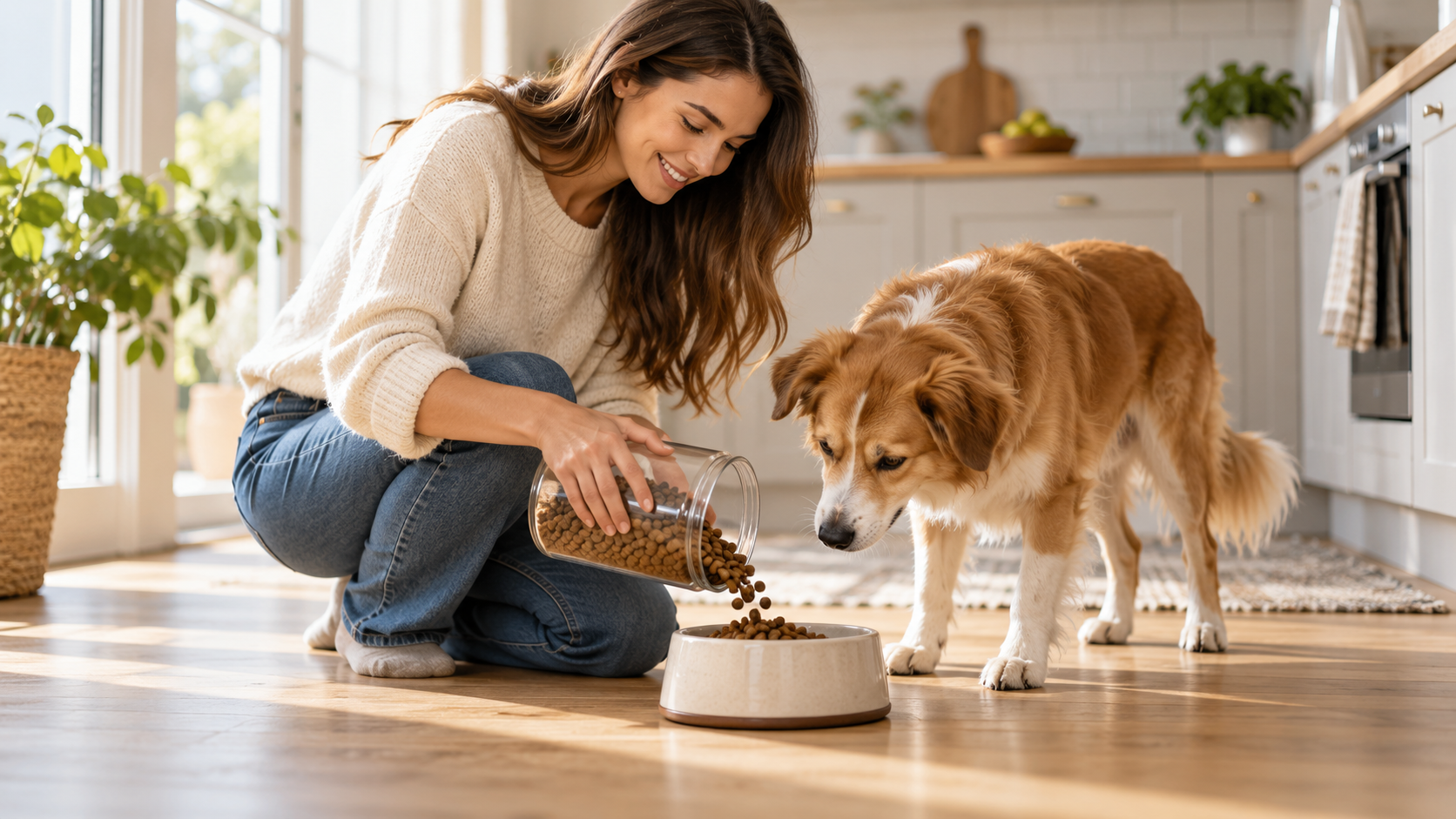 Ração Fórmula Natural vira febre entre tutores que fogem dos transgênicos 2 Tutora servindo ração formula natural para cachorro em casa