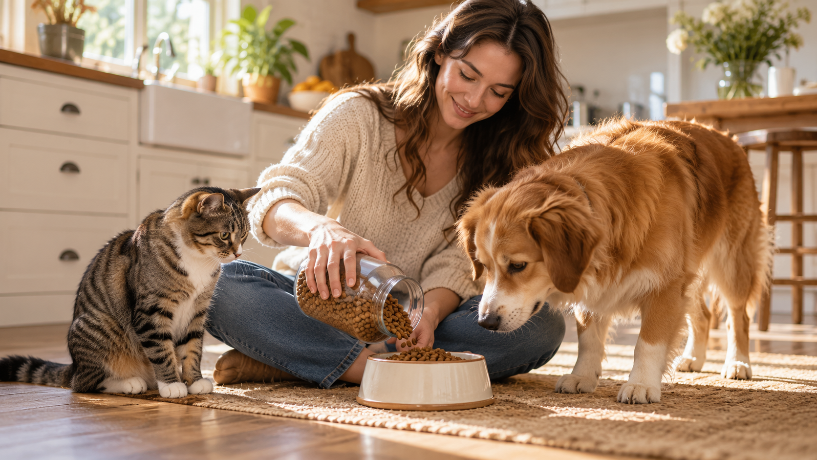 Quatree Supreme promete nutrição super premium por menos para cães e gatos 2 tutora servindo ração Quatree Supreme para cão e gato em casa