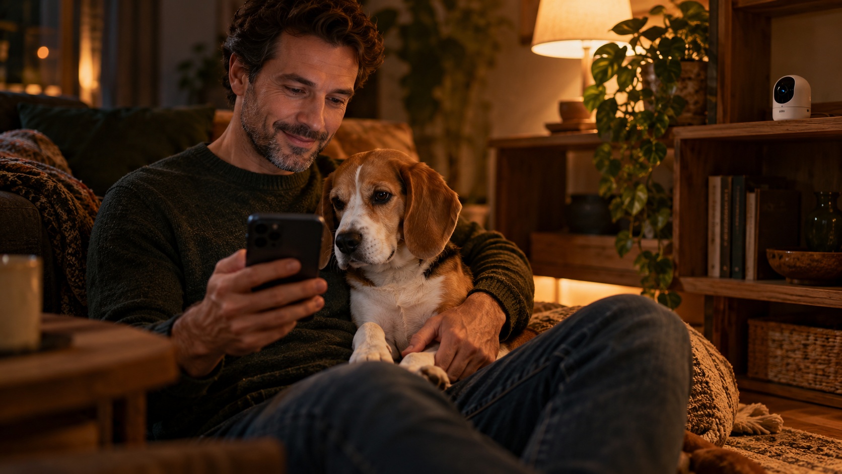 Como ensinei meu cachorro a ficar sozinho em casa sem uivar a tarde inteira 4 tutor monitorando o cachorro sozinho em casa por câmera no celular