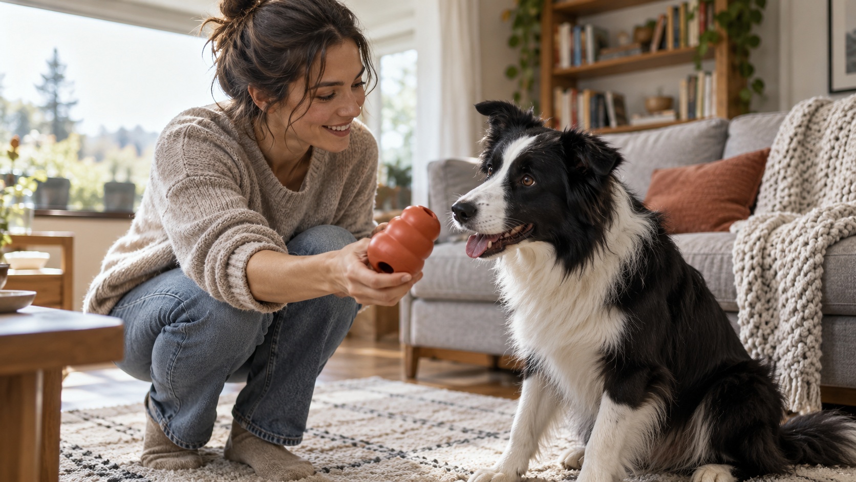 Como ensinei meu cachorro a ficar sozinho em casa sem uivar a tarde inteira 3 tutora oferecendo brinquedo recheável para o cachorro antes de sair de casa